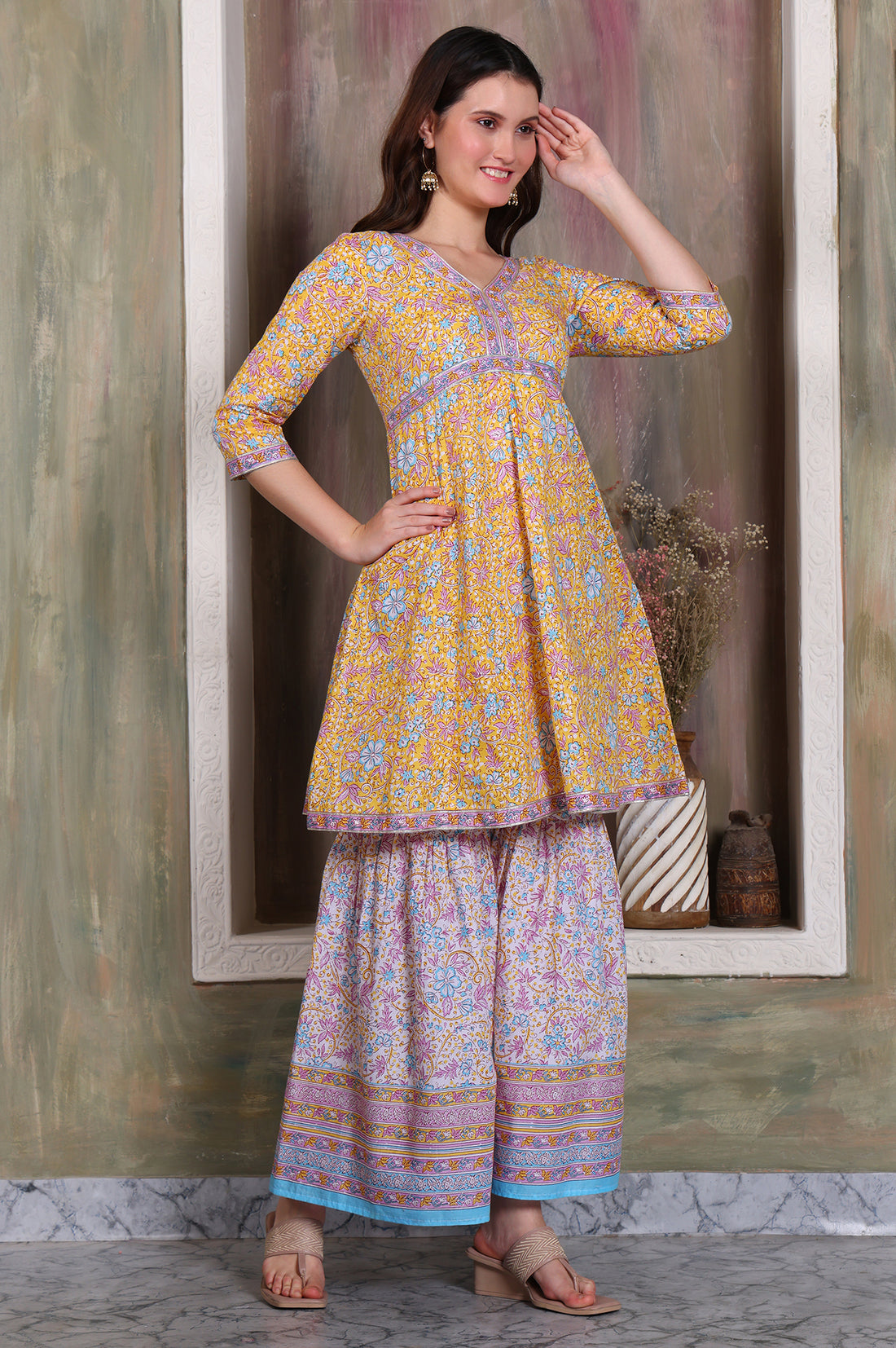 Yellow Floral Printed Tape Embellished A-Line Cotton Kurta, Sharara and Dupatta Set