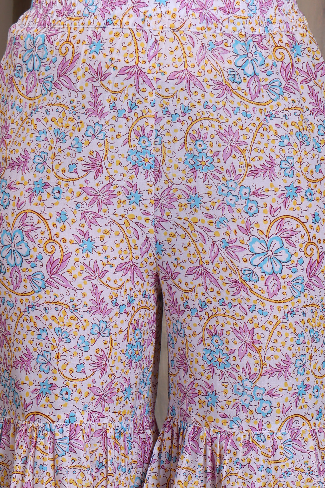 Yellow Floral Printed Tape Embellished A-Line Cotton Kurta, Sharara and Dupatta Set