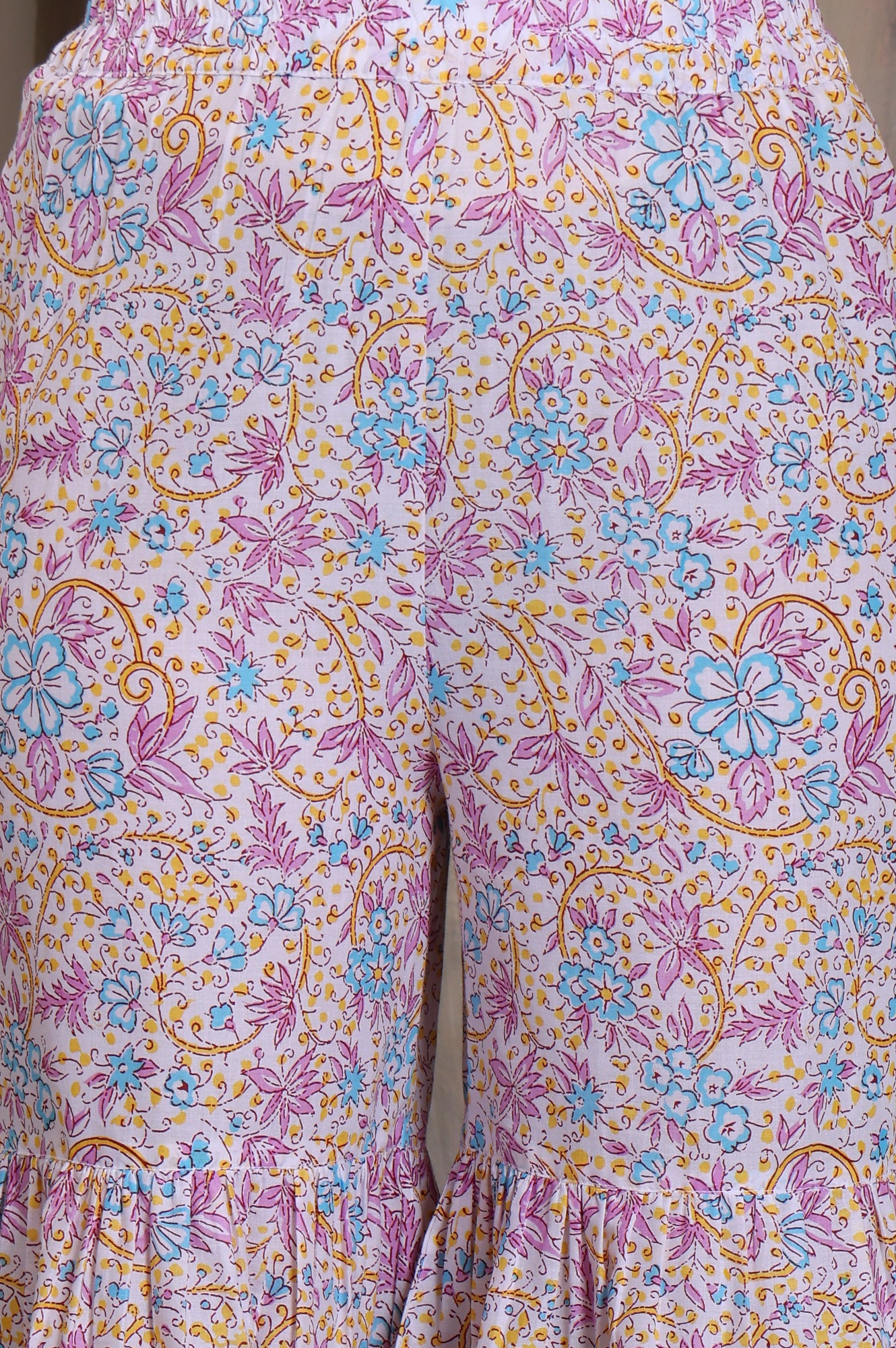 Yellow Floral Printed Tape Embellished A-Line Cotton Kurta, Sharara and Dupatta Set