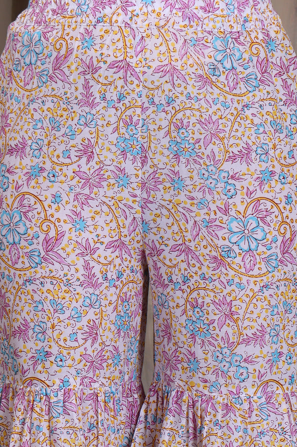 Yellow Floral Printed Tape Embellished A-Line Cotton Kurta, Sharara and Dupatta Set