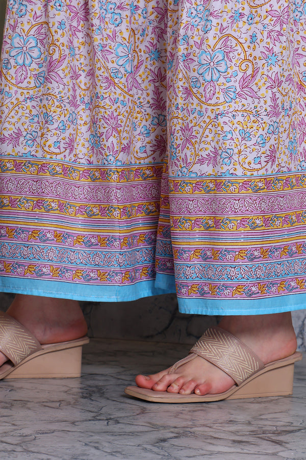 Yellow Floral Printed Tape Embellished A-Line Cotton Kurta, Sharara and Dupatta Set