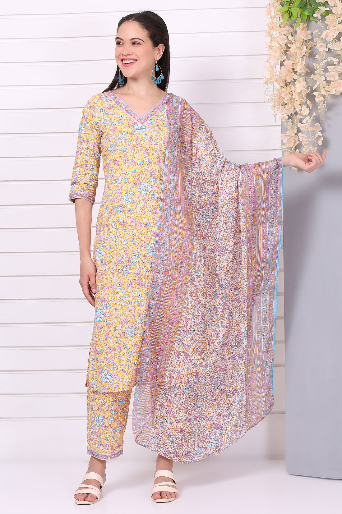 Yellow Floral Printed Straight Pure Cotton Kurta, Pants and Dupatta Set