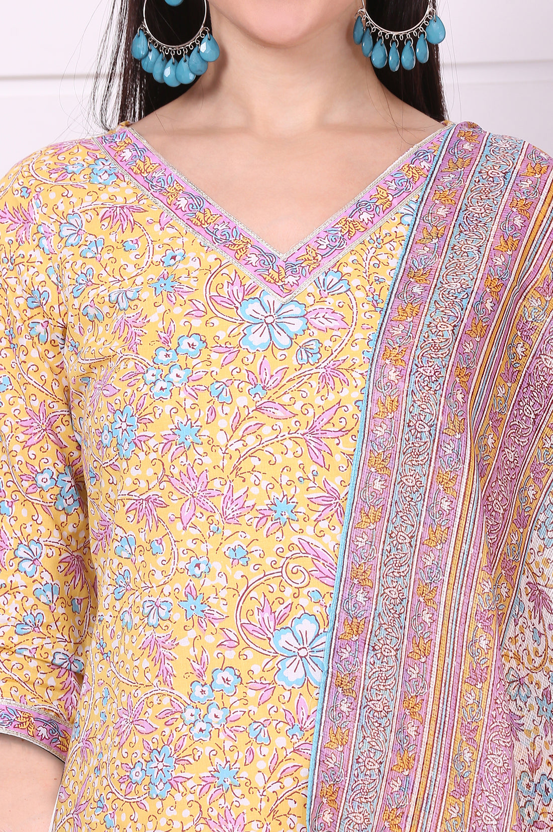 Yellow Floral Printed Straight Pure Cotton Kurta, Pants and Dupatta Set