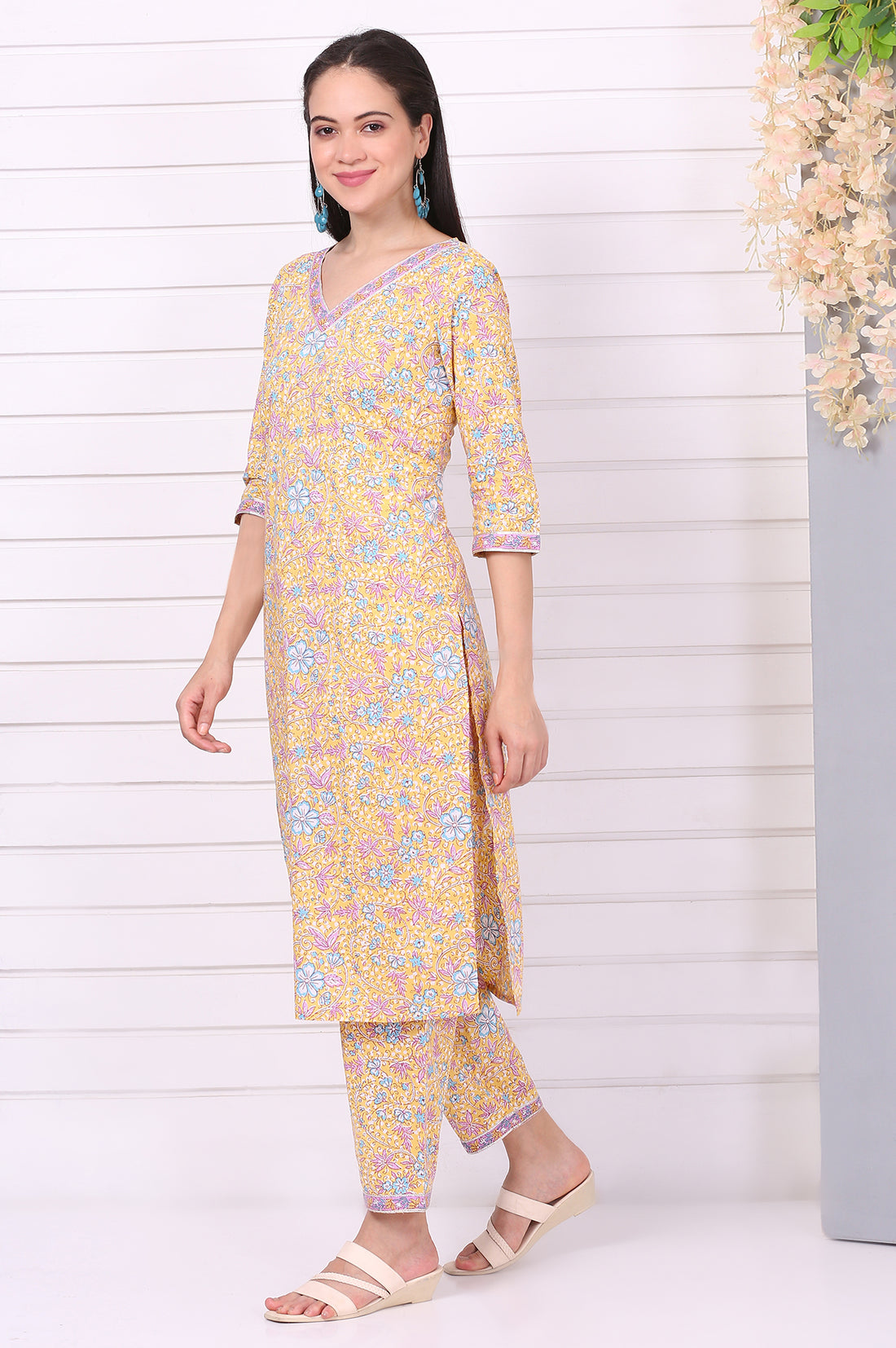 Yellow Floral Printed Straight Pure Cotton Kurta, Pants and Dupatta Set