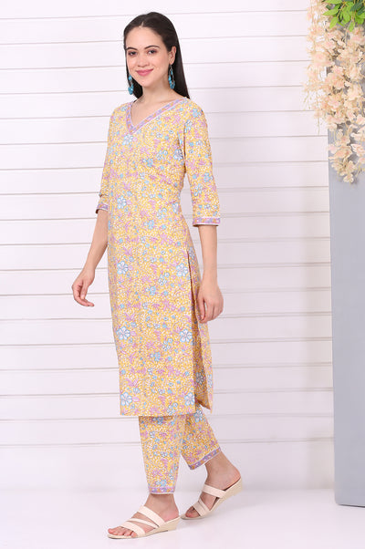 Yellow Floral Printed Straight Pure Cotton Kurta, Pants and Dupatta Set