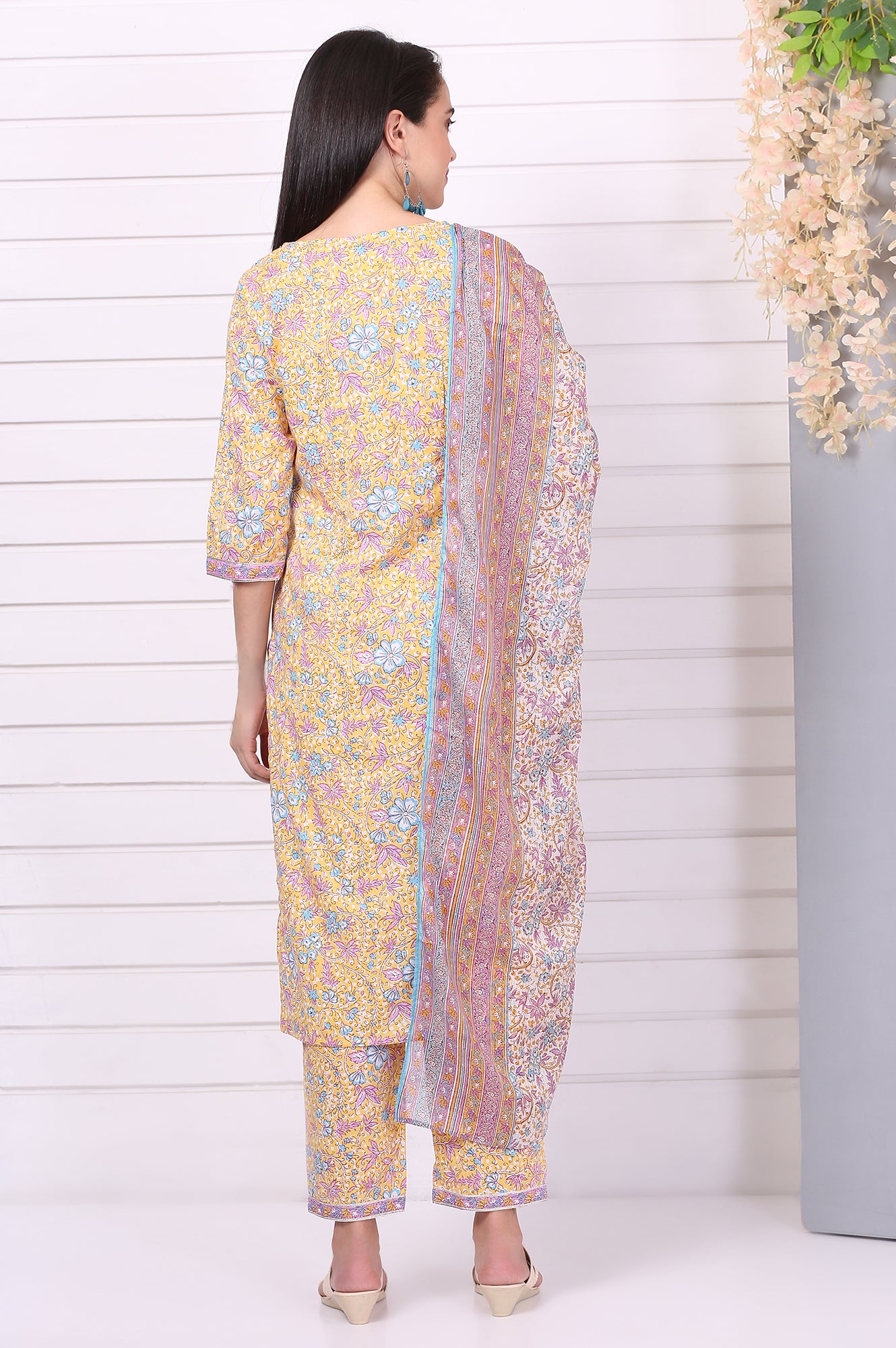 Yellow Floral Printed Straight Pure Cotton Kurta, Pants and Dupatta Set