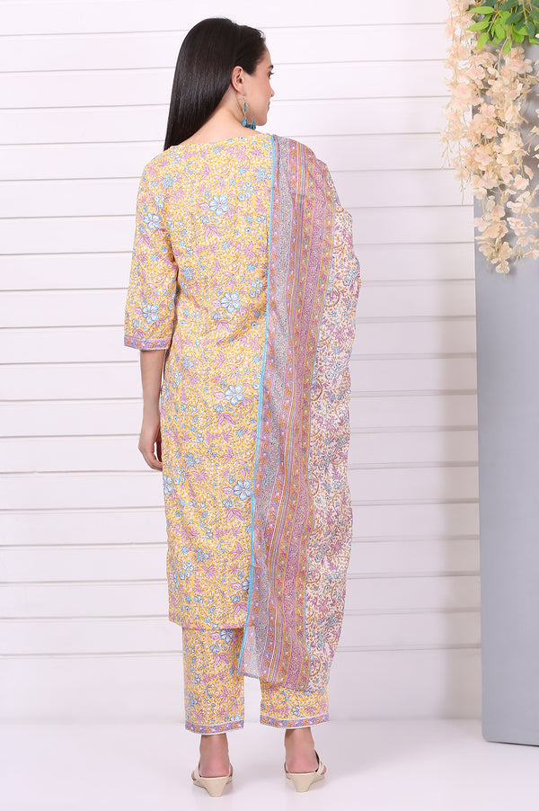 Yellow Floral Printed Straight Pure Cotton Kurta, Pants and Dupatta Set