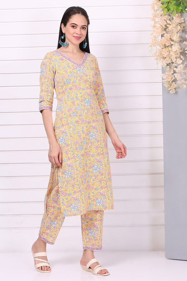 Yellow Floral Printed Straight Pure Cotton Kurta, Pants and Dupatta Set
