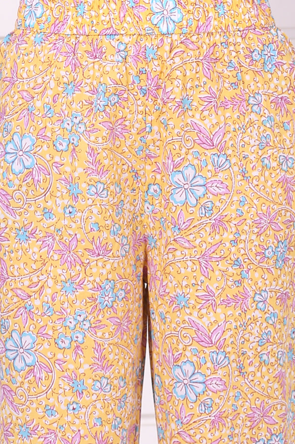 Yellow Floral Printed Straight Pure Cotton Kurta, Pants and Dupatta Set