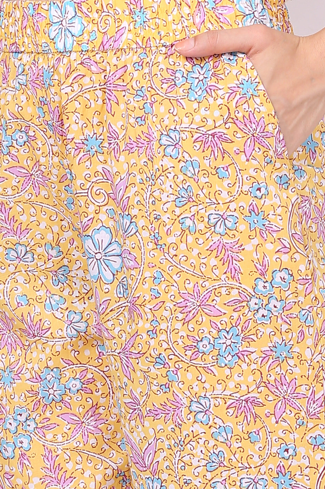 Yellow Floral Printed Straight Pure Cotton Kurta, Pants and Dupatta Set