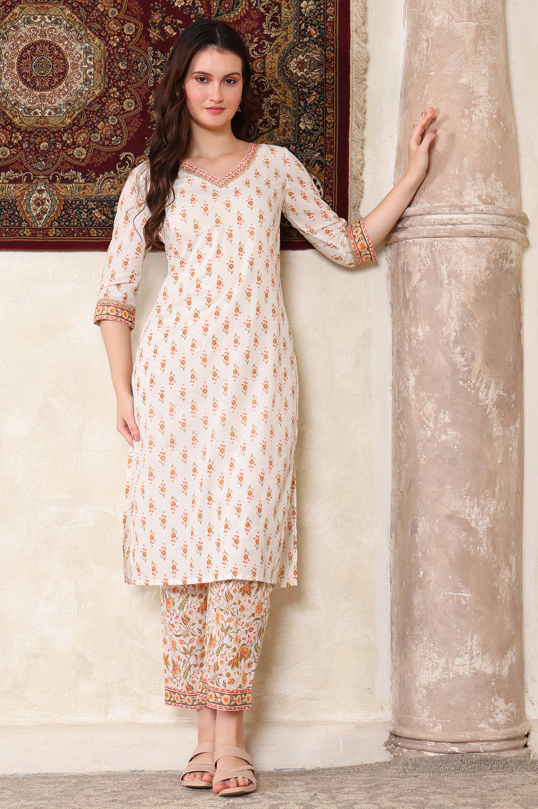 Off White Floral Printed Tape Embellished Straight Cotton Kurta and Pant Co-ord Set