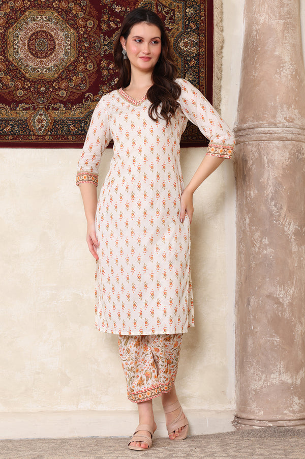 Off White Floral Printed Tape Embellished Straight Cotton Kurta and Pant Co-ord Set