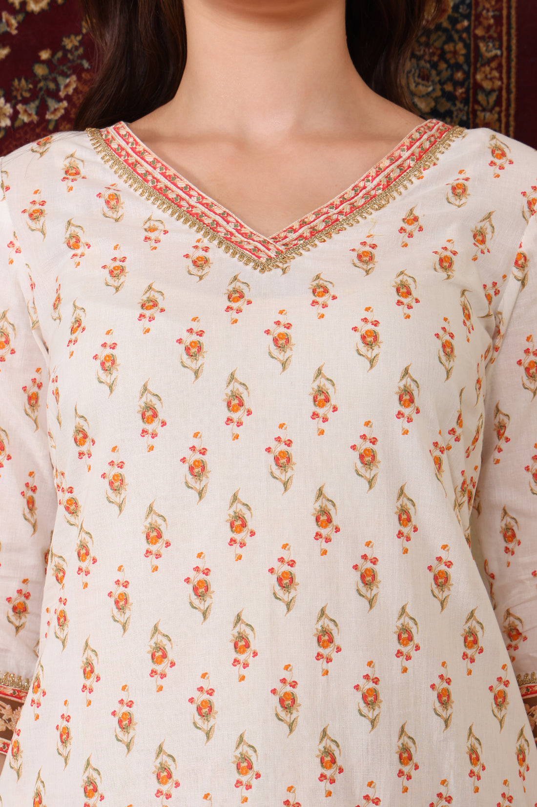 Off White Floral Printed Tape Embellished Straight Cotton Kurta and Pant Co-ord Set