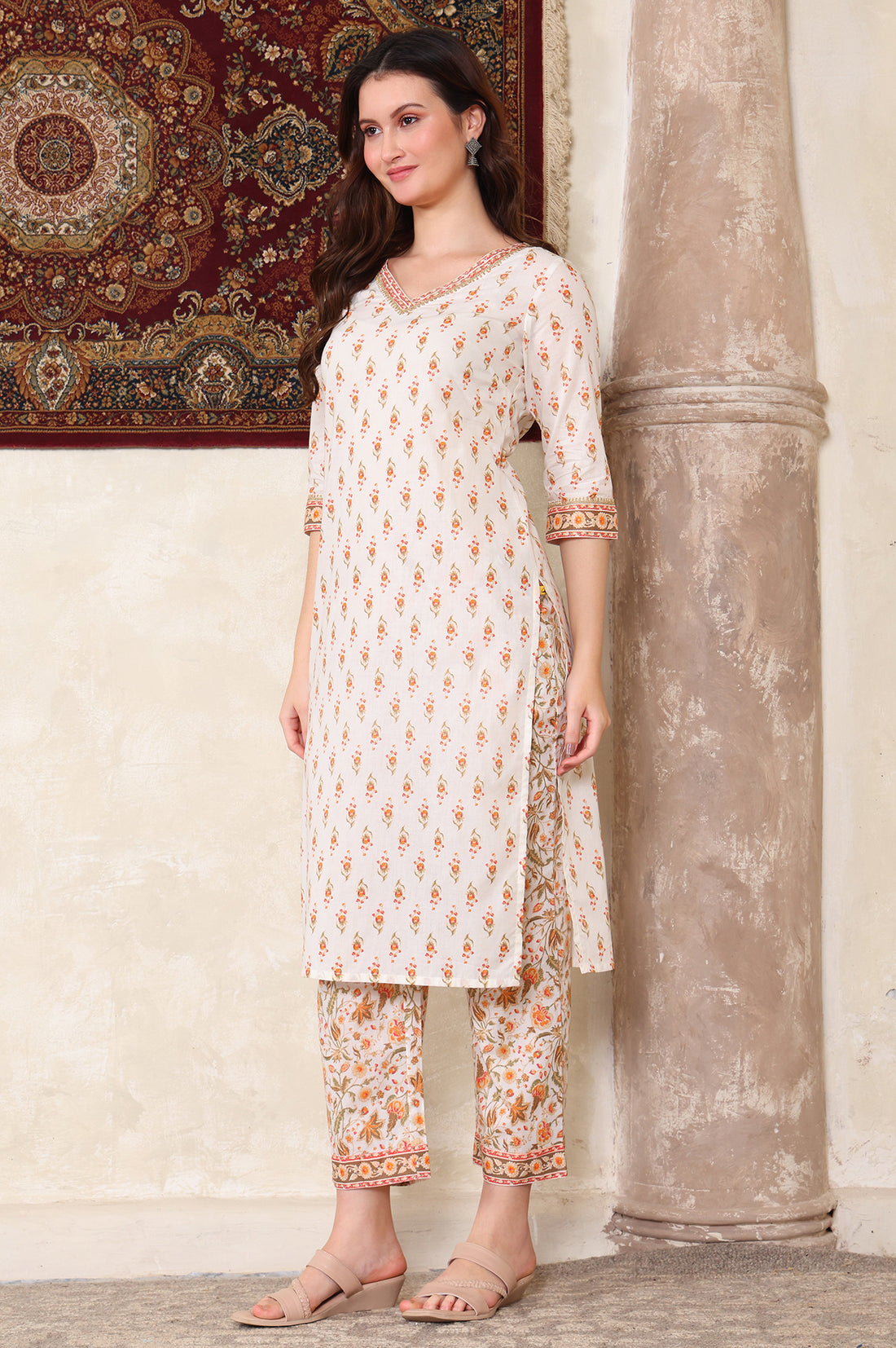 Off White Floral Printed Tape Embellished Straight Cotton Kurta and Pant Co-ord Set