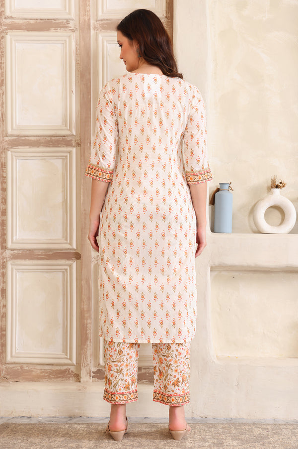 Off White Floral Printed Tape Embellished Straight Cotton Kurta and Pant Co-ord Set
