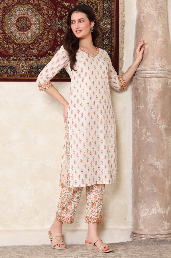 Off White Floral Printed Tape Embellished Straight Cotton Kurta and Pant Co-ord Set