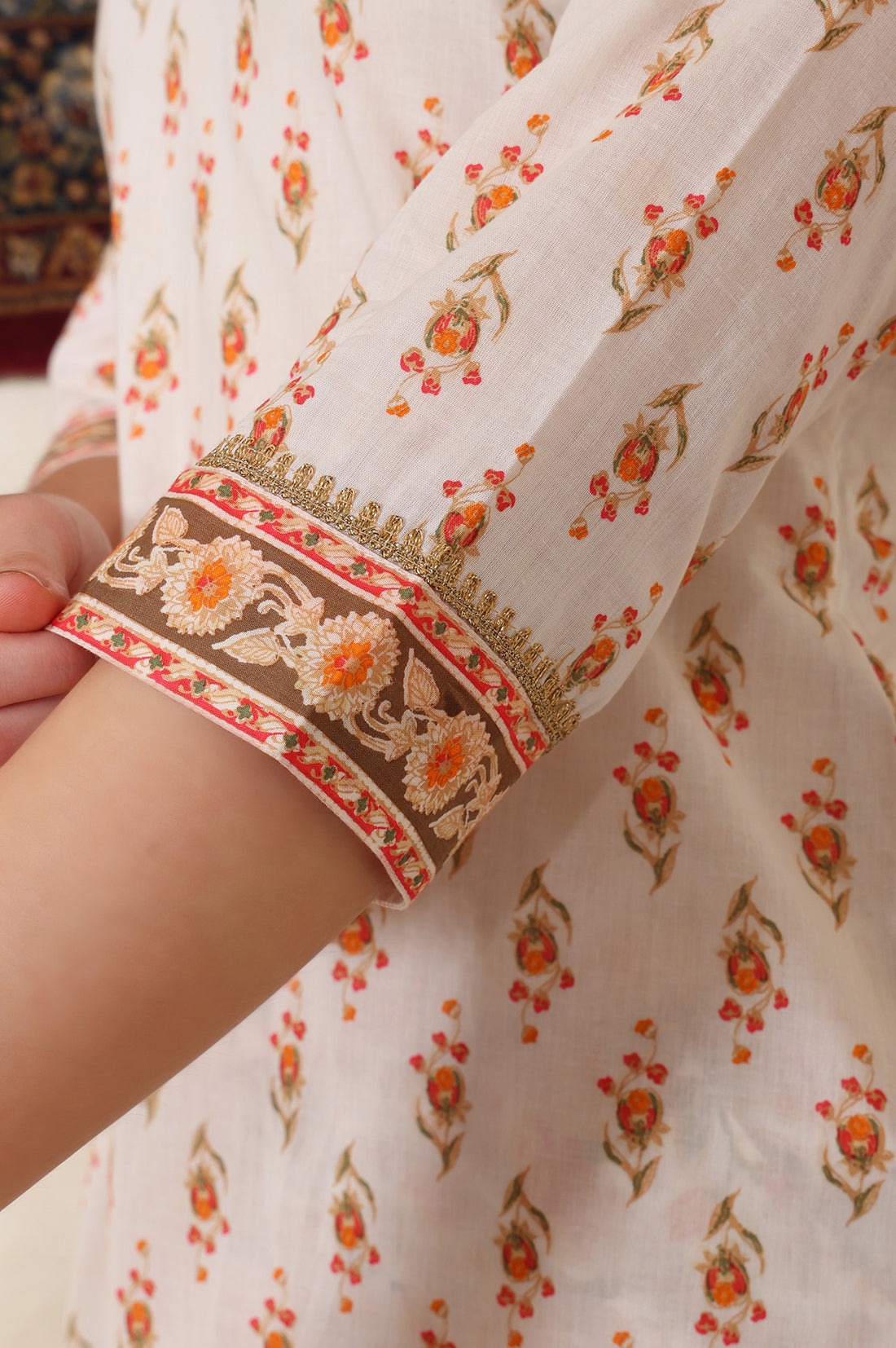 Off White Floral Printed Tape Embellished Straight Cotton Kurta and Pant Co-ord Set