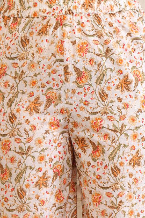 Off White Floral Printed Tape Embellished Straight Cotton Kurta and Pant Co-ord Set