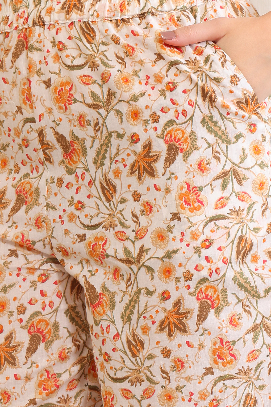 Off White Floral Printed Tape Embellished Straight Cotton Kurta and Pant Co-ord Set