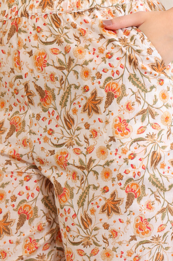 Off White Floral Printed Tape Embellished Straight Cotton Kurta and Pant Co-ord Set