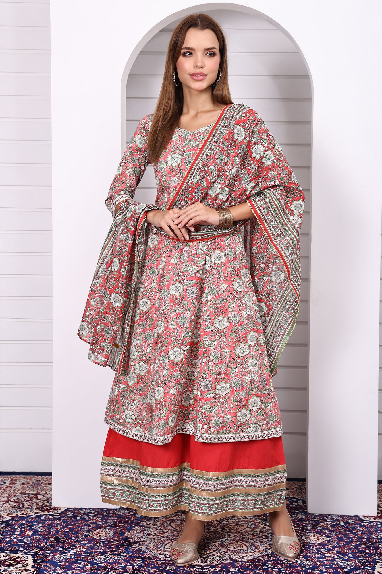 Red Floral Printed Lace Pure Cotton Anarkali Kurta, Flared Palazzo and Dupatta Set