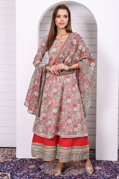 Red Floral Printed Lace Pure Cotton Anarkali Kurta, Flared Palazzo and Dupatta Set