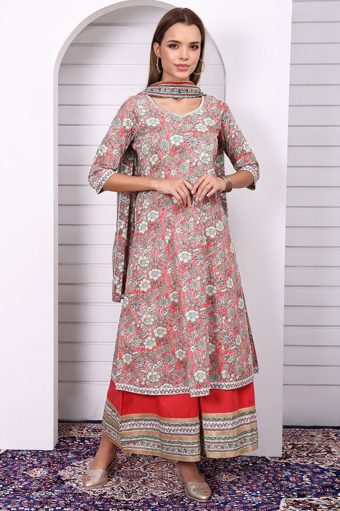 Red Floral Printed Lace Pure Cotton Anarkali Kurta, Flared Palazzo and Dupatta Set