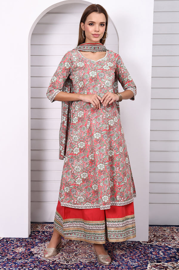 Red Floral Printed Lace Pure Cotton Anarkali Kurta, Flared Palazzo and Dupatta Set