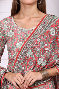 Red Floral Printed Lace Pure Cotton Anarkali Kurta, Flared Palazzo and Dupatta Set