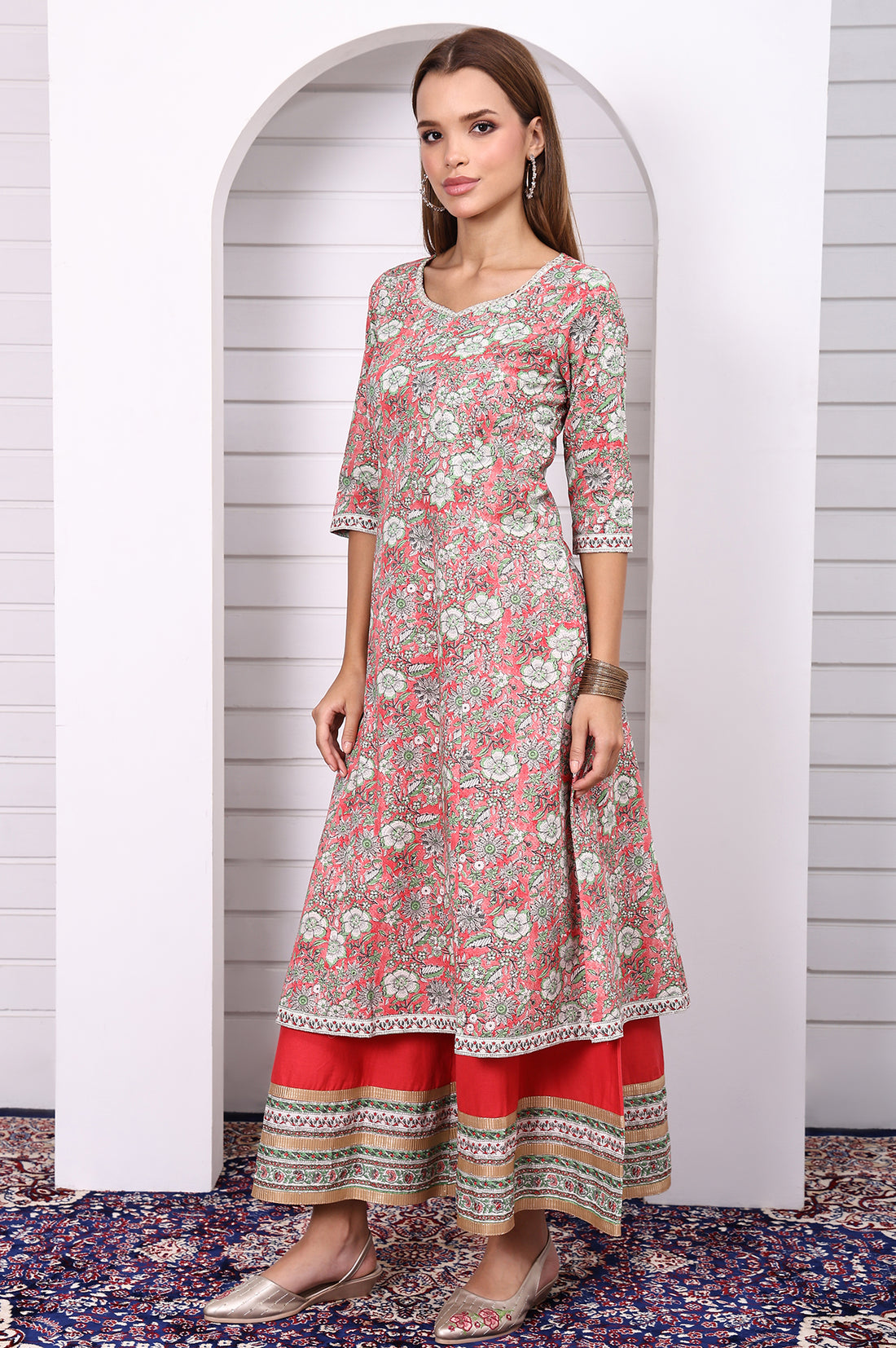 Red Floral Printed Lace Pure Cotton Anarkali Kurta, Flared Palazzo and Dupatta Set