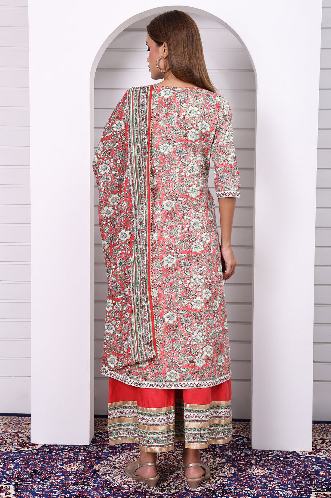 Red Floral Printed Lace Pure Cotton Anarkali Kurta, Flared Palazzo and Dupatta Set