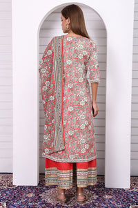 Red Floral Printed Lace Pure Cotton Anarkali Kurta, Flared Palazzo and Dupatta Set