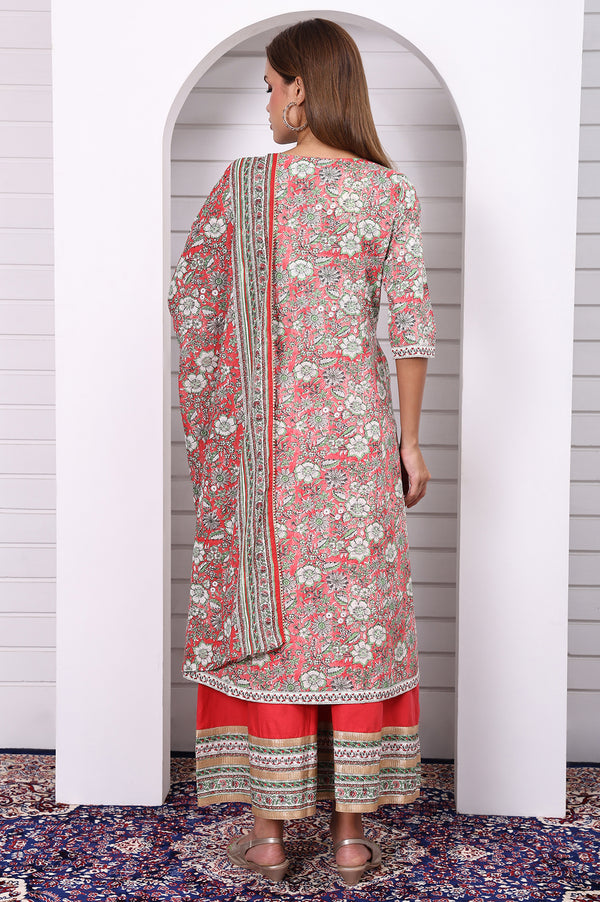 Red Floral Printed Lace Pure Cotton Anarkali Kurta, Flared Palazzo and Dupatta Set