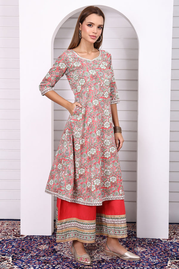 Red Floral Printed Lace Pure Cotton Anarkali Kurta, Flared Palazzo and Dupatta Set