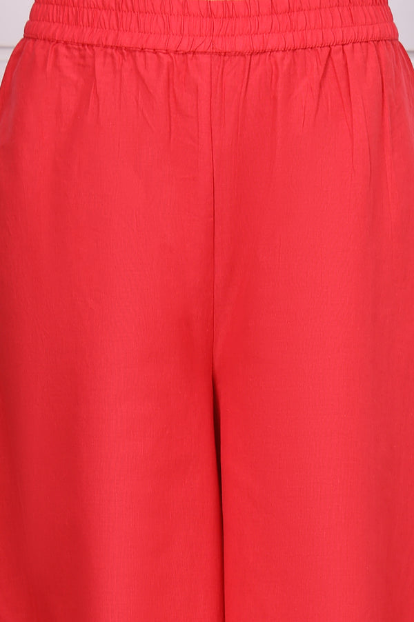 Red Floral Printed Lace Pure Cotton Anarkali Kurta, Flared Palazzo and Dupatta Set