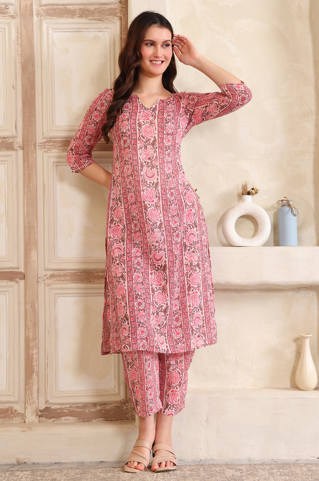 Pink Floral Printed Tape A-line Pure Cotton Kurta and Pant Co-ord Set