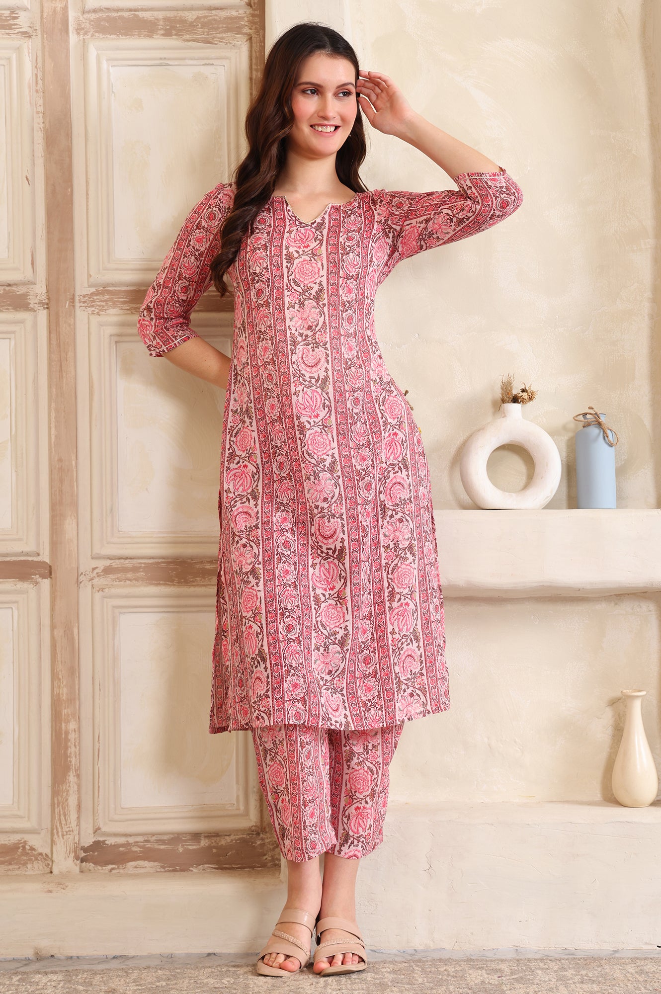Pink Floral Printed Tape A-line Pure Cotton Kurta and Pant Co-ord Set