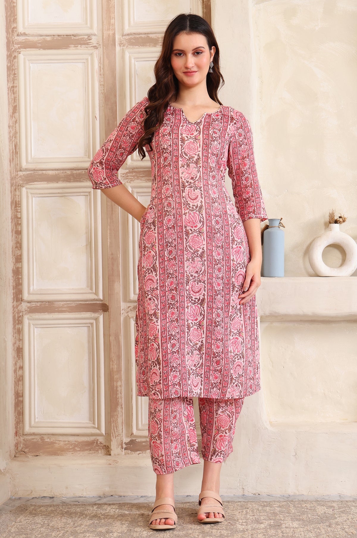 Pink Floral Printed Tape A-line Pure Cotton Kurta and Pant Co-ord Set - S
