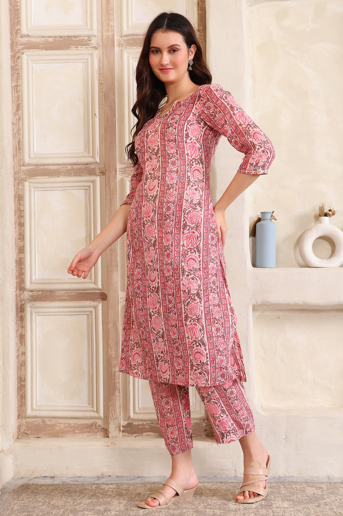 Pink Floral Printed Tape A-line Pure Cotton Kurta and Pant Co-ord Set