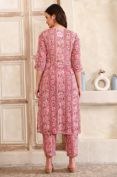 Pink Floral Printed Tape A-line Pure Cotton Kurta and Pant Co-ord Set
