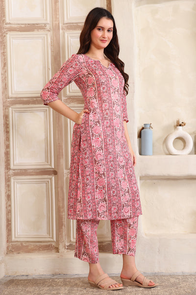 Pink Floral Printed Tape A-line Pure Cotton Kurta and Pant Co-ord Set