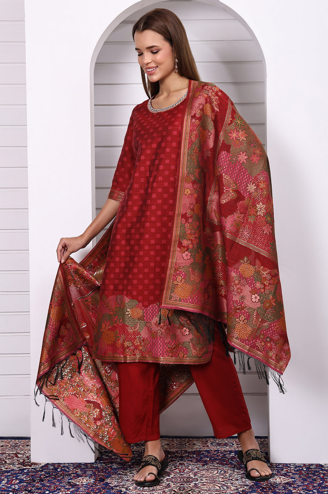 Red Floral Printed Hand Work Jacquard Straight Kurta, Palazzo and Dupatta Set
