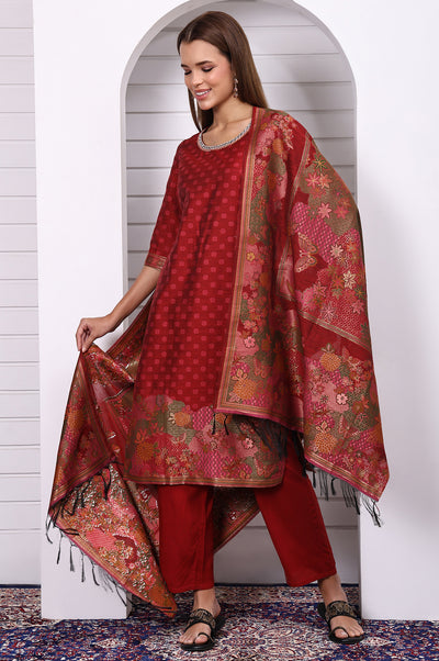 Red Floral Printed Hand Work Jacquard Straight Kurta, Palazzo and Dupatta Set