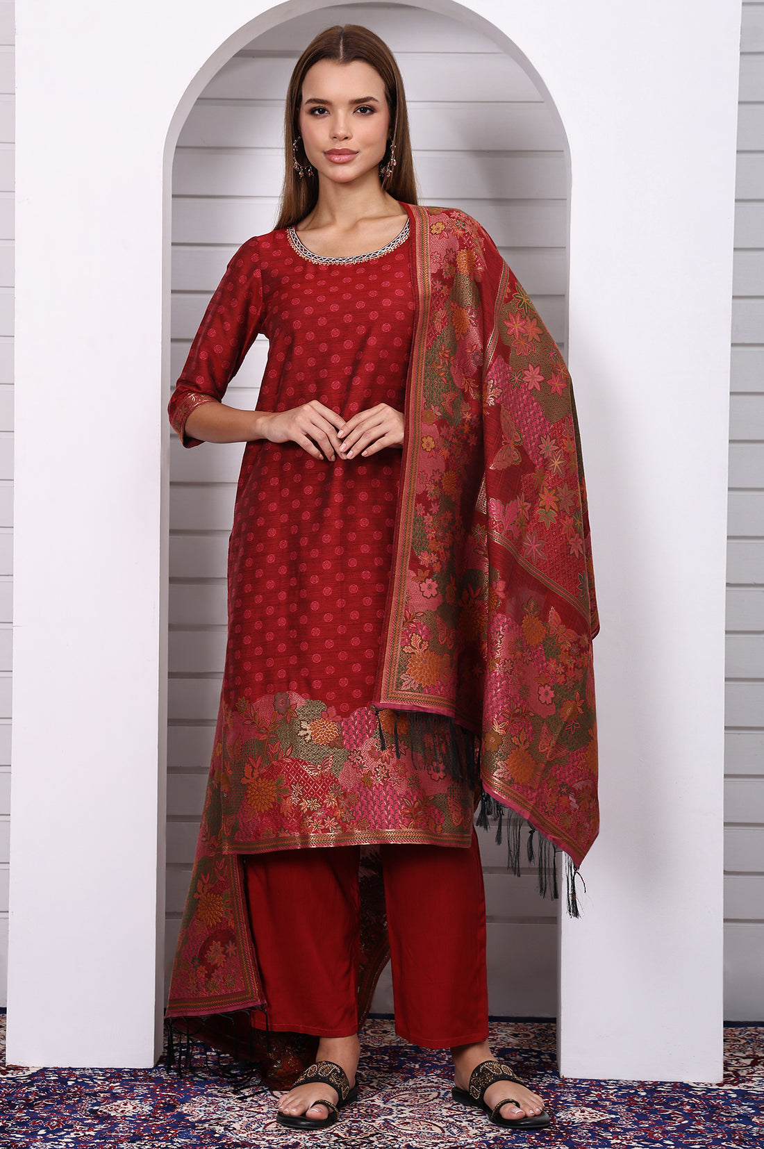 Red Floral Printed Hand Work Jacquard Straight Kurta, Palazzo and Dupatta Set