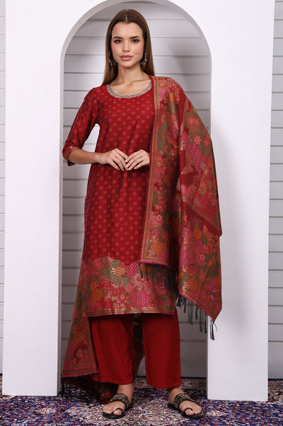 Red Floral Printed Hand Work Jacquard Straight Kurta, Palazzo and Dupatta Set