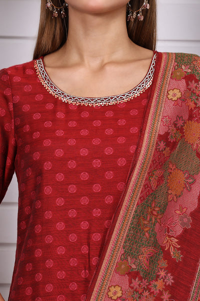 Red Floral Printed Hand Work Jacquard Straight Kurta, Palazzo and Dupatta Set