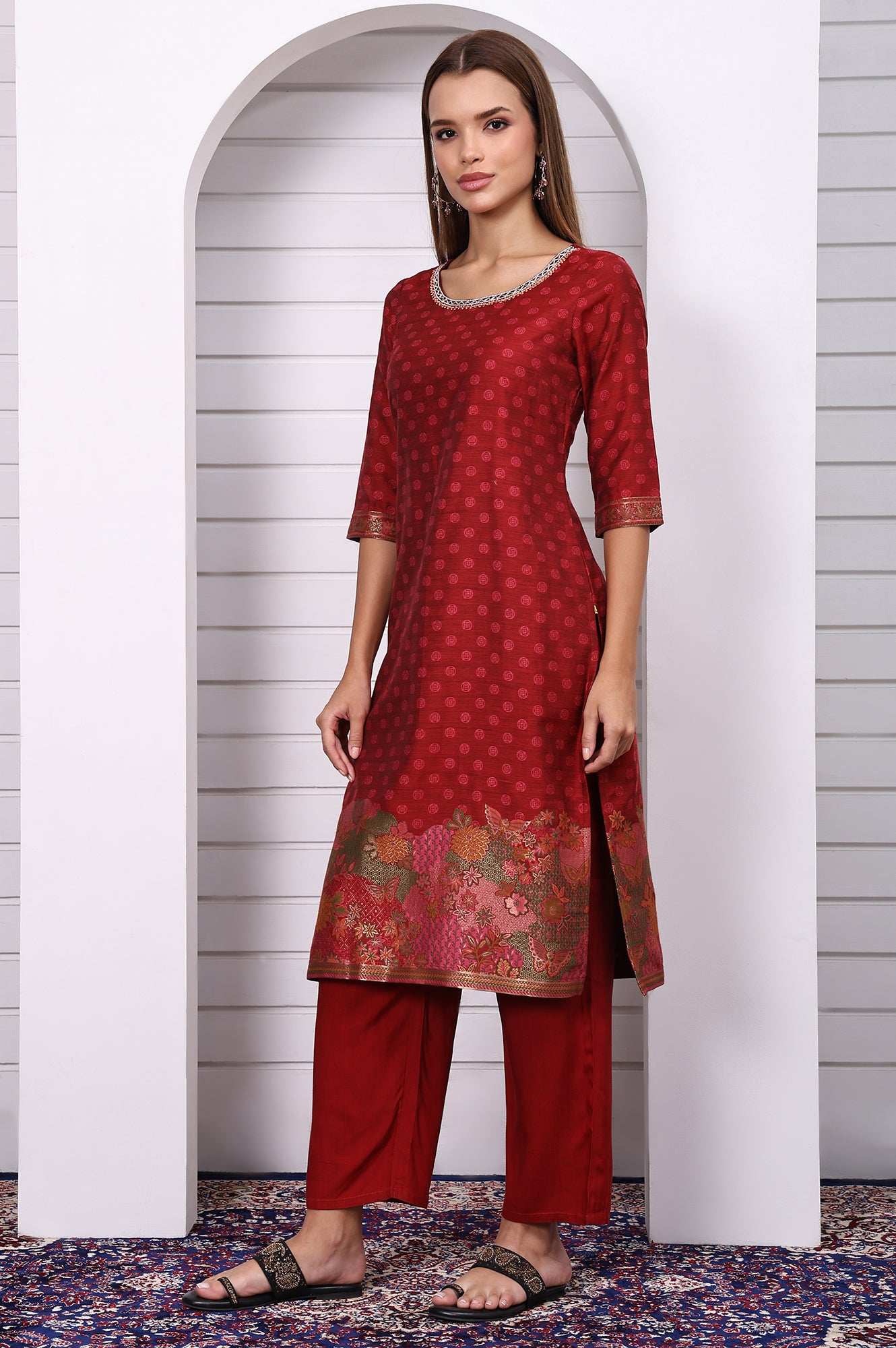 Red Floral Printed Hand Work Jacquard Straight Kurta, Palazzo and Dupatta Set