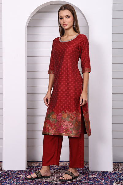 Red Floral Printed Hand Work Jacquard Straight Kurta, Palazzo and Dupatta Set