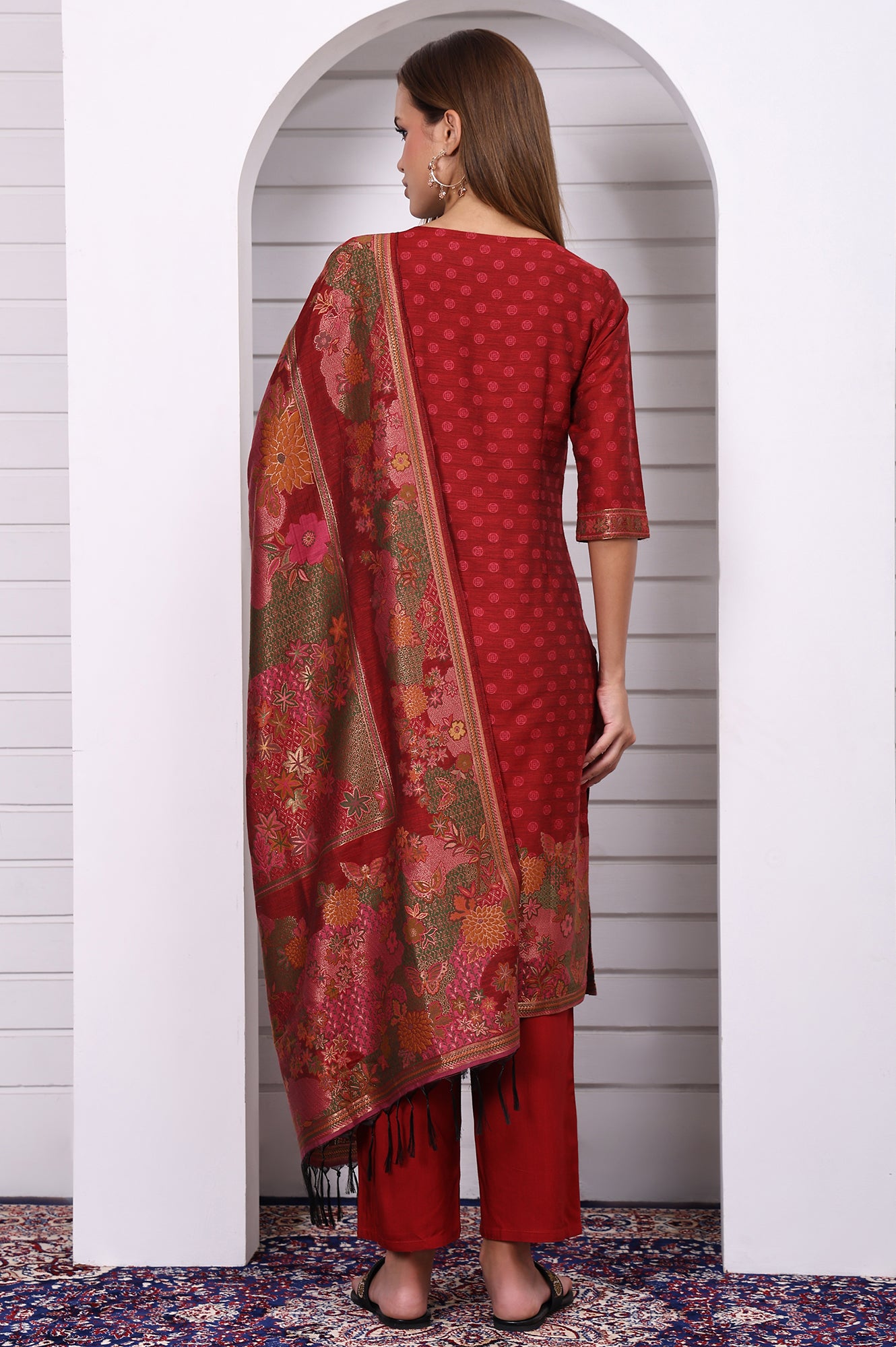 Red Floral Printed Hand Work Jacquard Straight Kurta, Palazzo and Dupatta Set