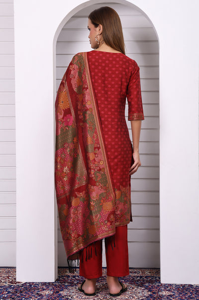 Red Floral Printed Hand Work Jacquard Straight Kurta, Palazzo and Dupatta Set
